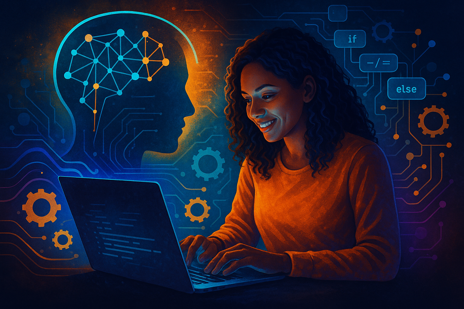 Futuristic illustration of a developer working with AI tools in a digital environment